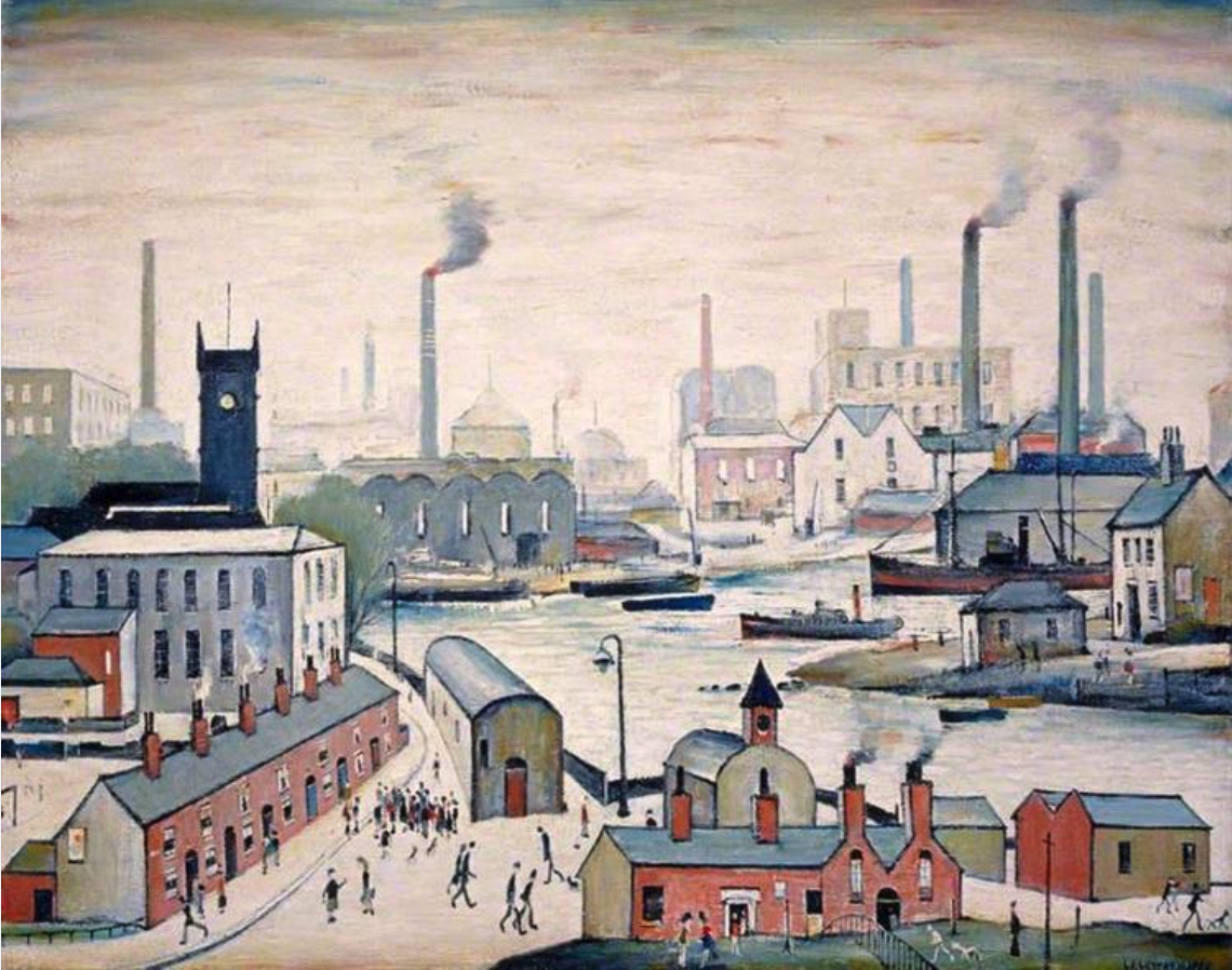 Canal and Factories (1955) by Laurence Stephen Lowry (1887 - 1976), English artist.