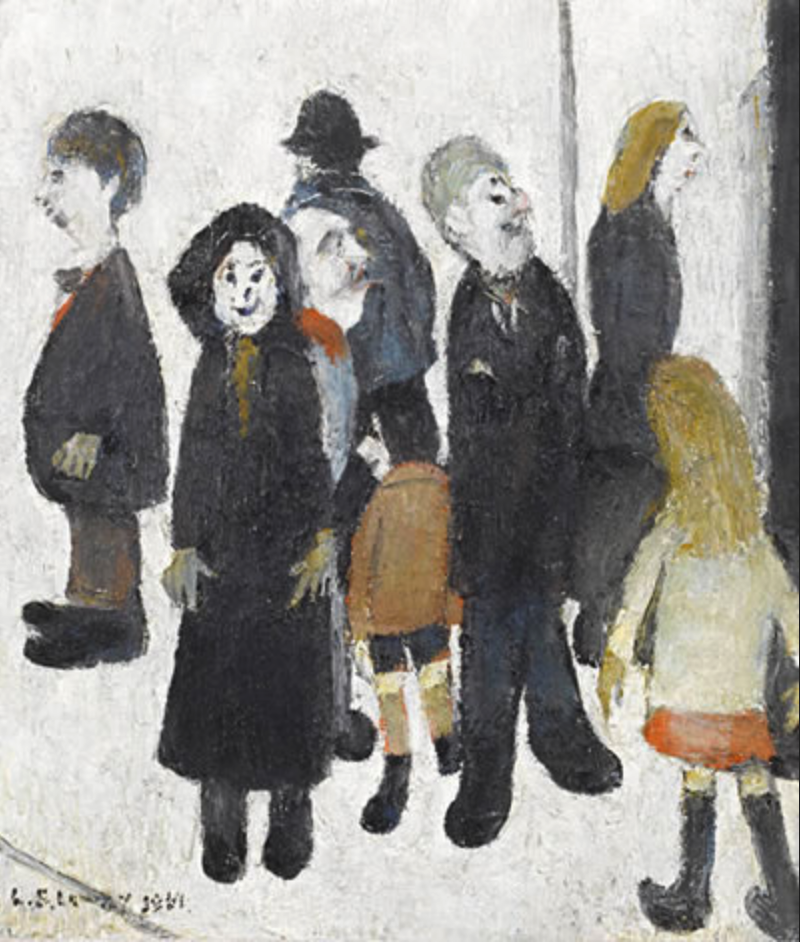 Group of People with the Artist (1961) by Laurence Stephen Lowry (1887 - 1976), English artist.