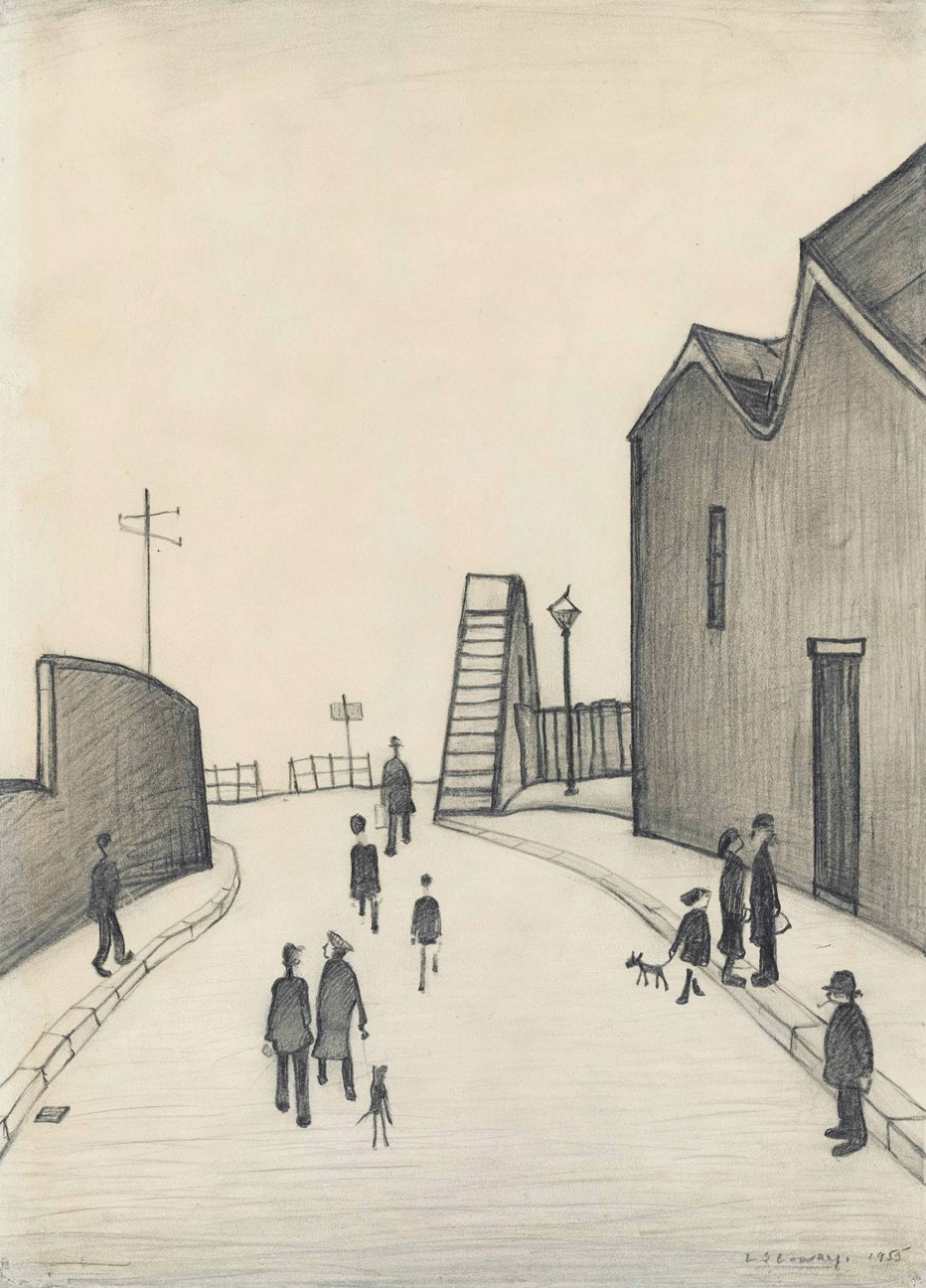 Footbridge at Droylsden (1955) by Laurence Stephen Lowry (1887 - 1976), English artist.
