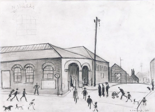 North Shields Railway Station (1963) by Laurence Stephen Lowry (1887 - 1976), English artist.