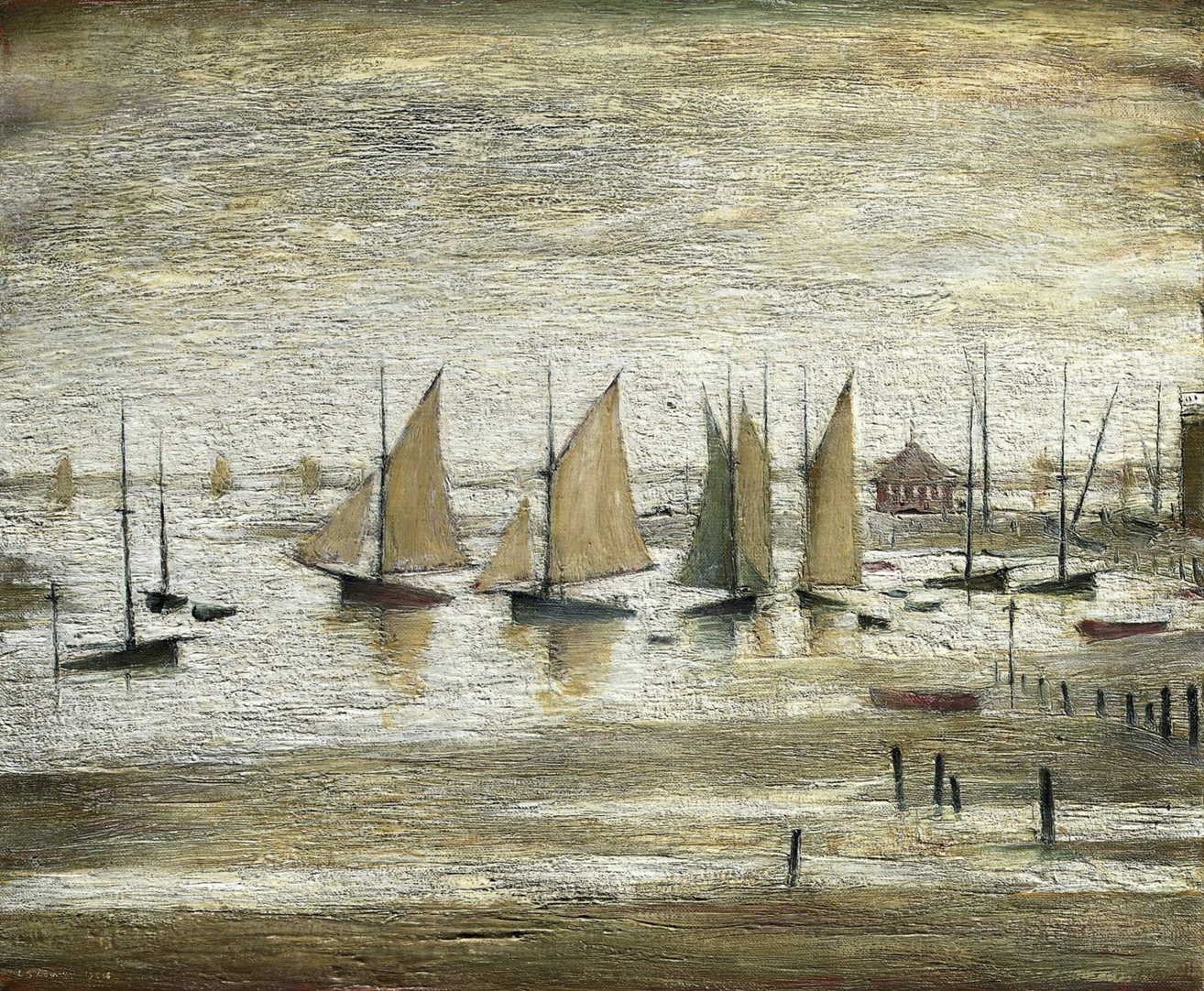 Yachts at Lytham (1950) by Laurence Stephen Lowry (1887 - 1976), English artist.