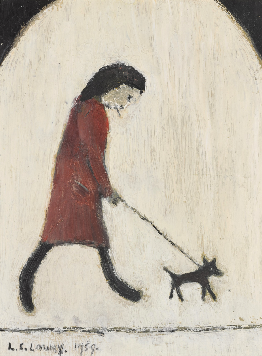 A Lady Walking a Dog (1959) by Laurence Stephen Lowry (1887 - 1976), English artist.