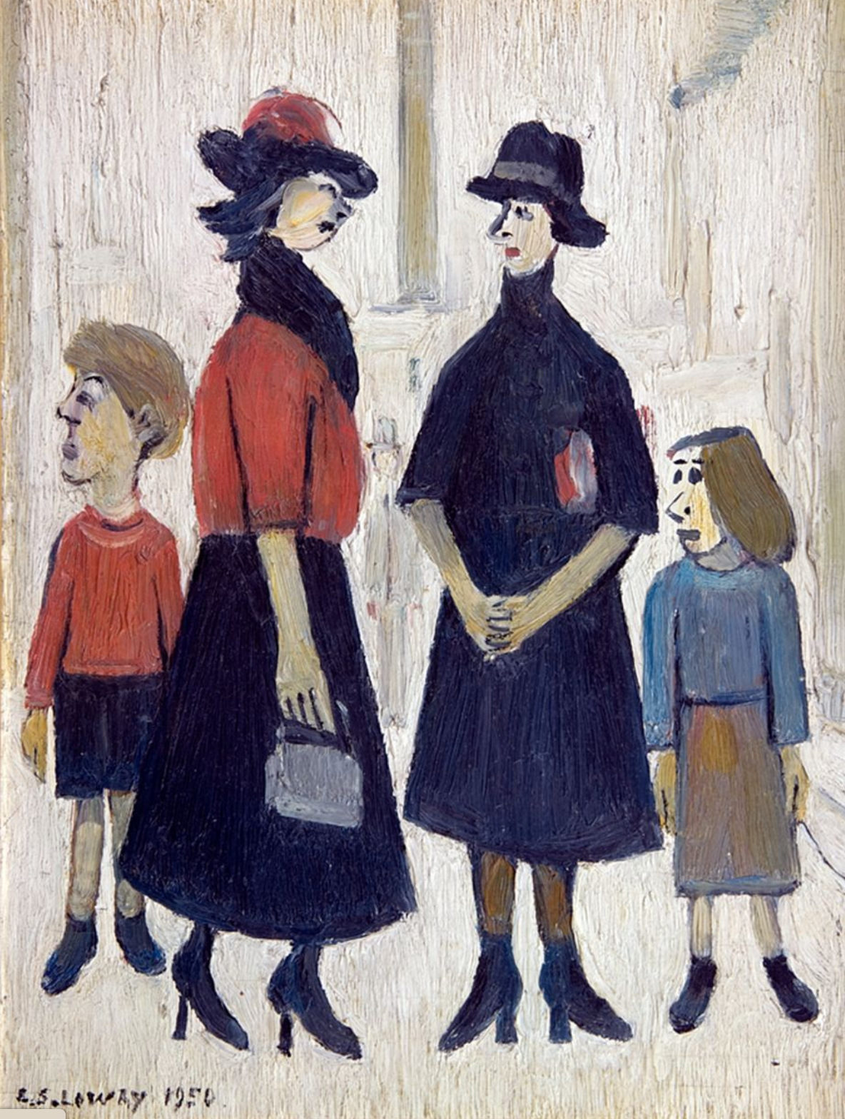 Two Women and Children (1950) by Laurence Stephen Lowry (1887 - 1976), English artist.