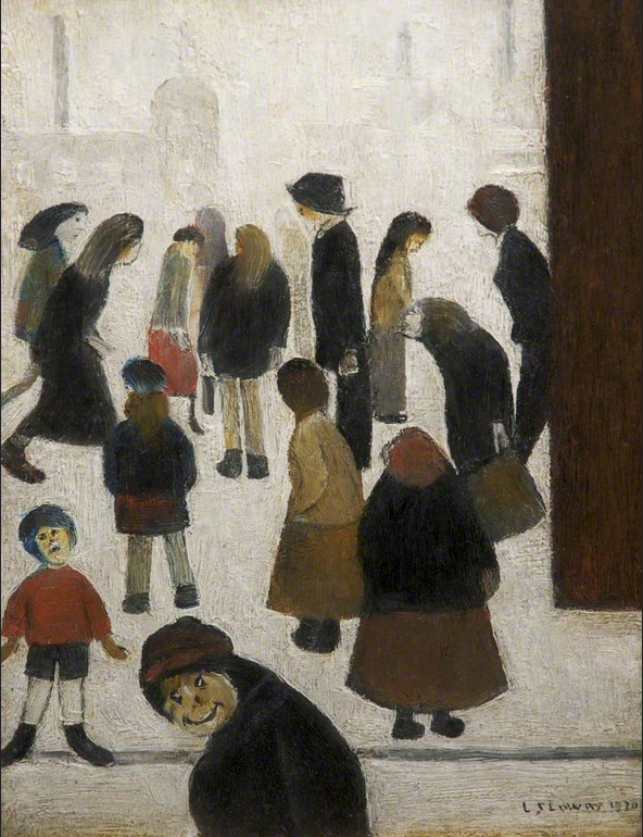Figures in a Street (1970) by Laurence Stephen Lowry (1887 - 1976), English artist.