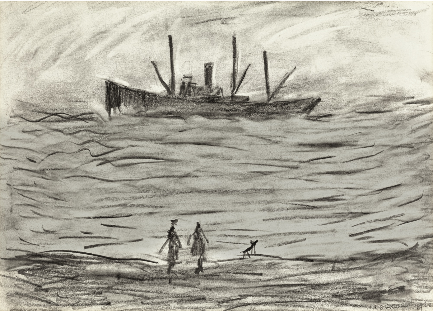 Trawler in a rough sea (1960) by Laurence Stephen Lowry (1887 - 1976), English artist.