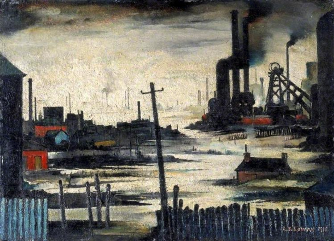 River Scene (1935) by Laurence Stephen Lowry (1887 - 1976), English artist.