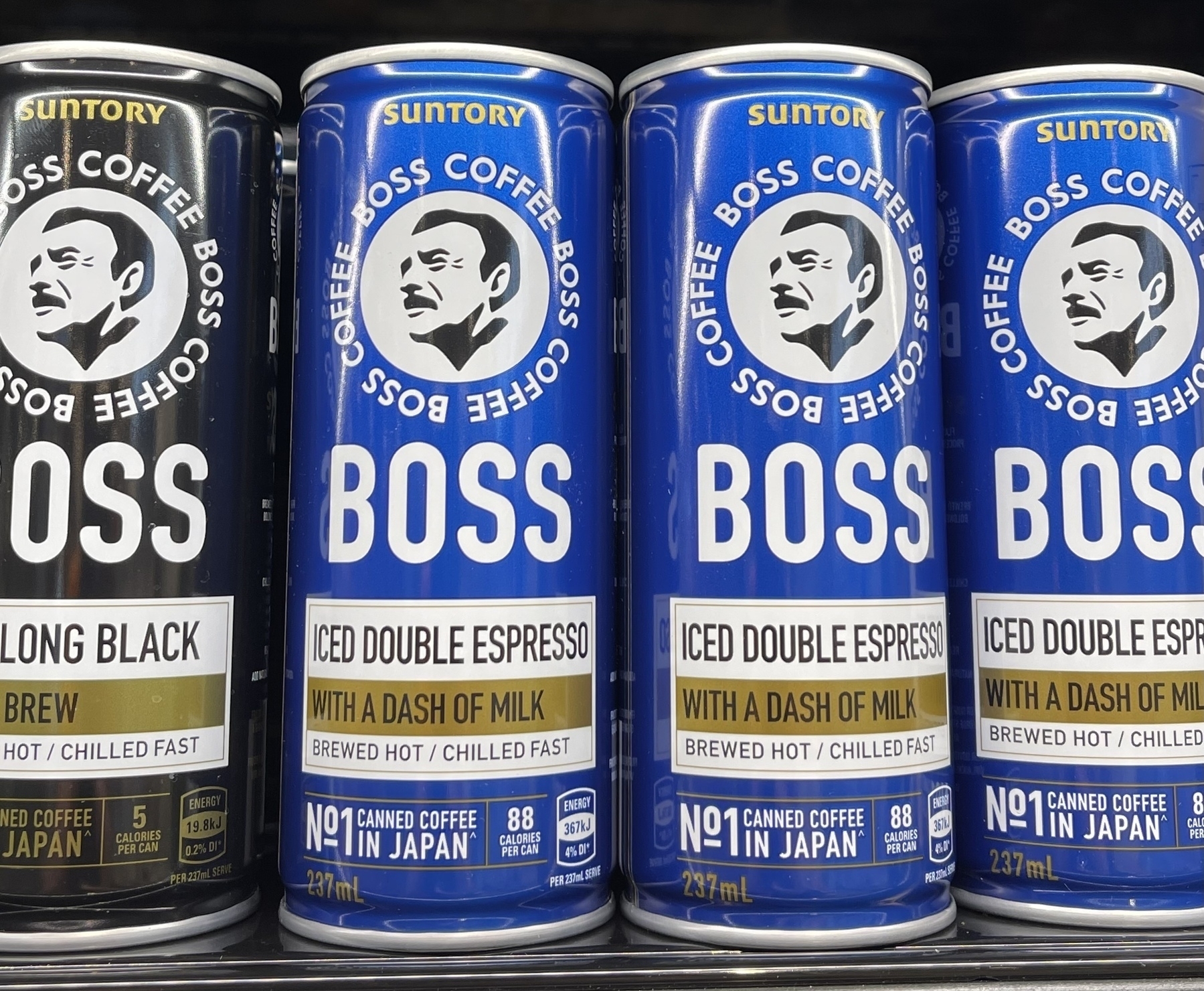 Cans of Suntory ‘Boss’ iced coffee.