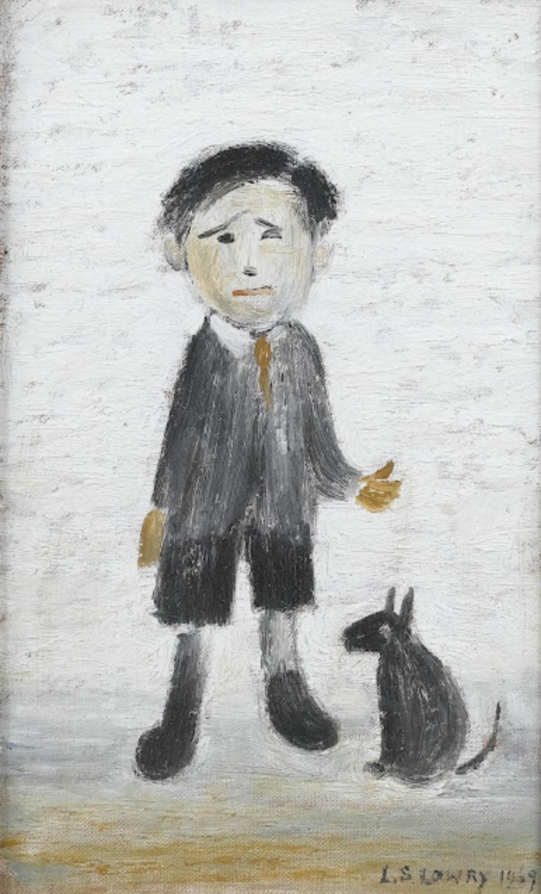 Boy with Dog (1969) by Laurence Stephen Lowry (1887 - 1976), English artist.