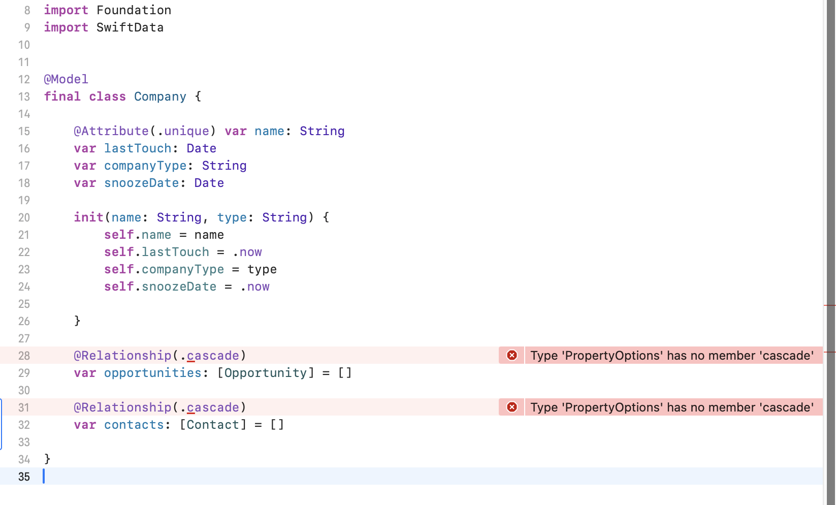 Xcode error: Type 'PropertyOptions' has no member 'cascade'