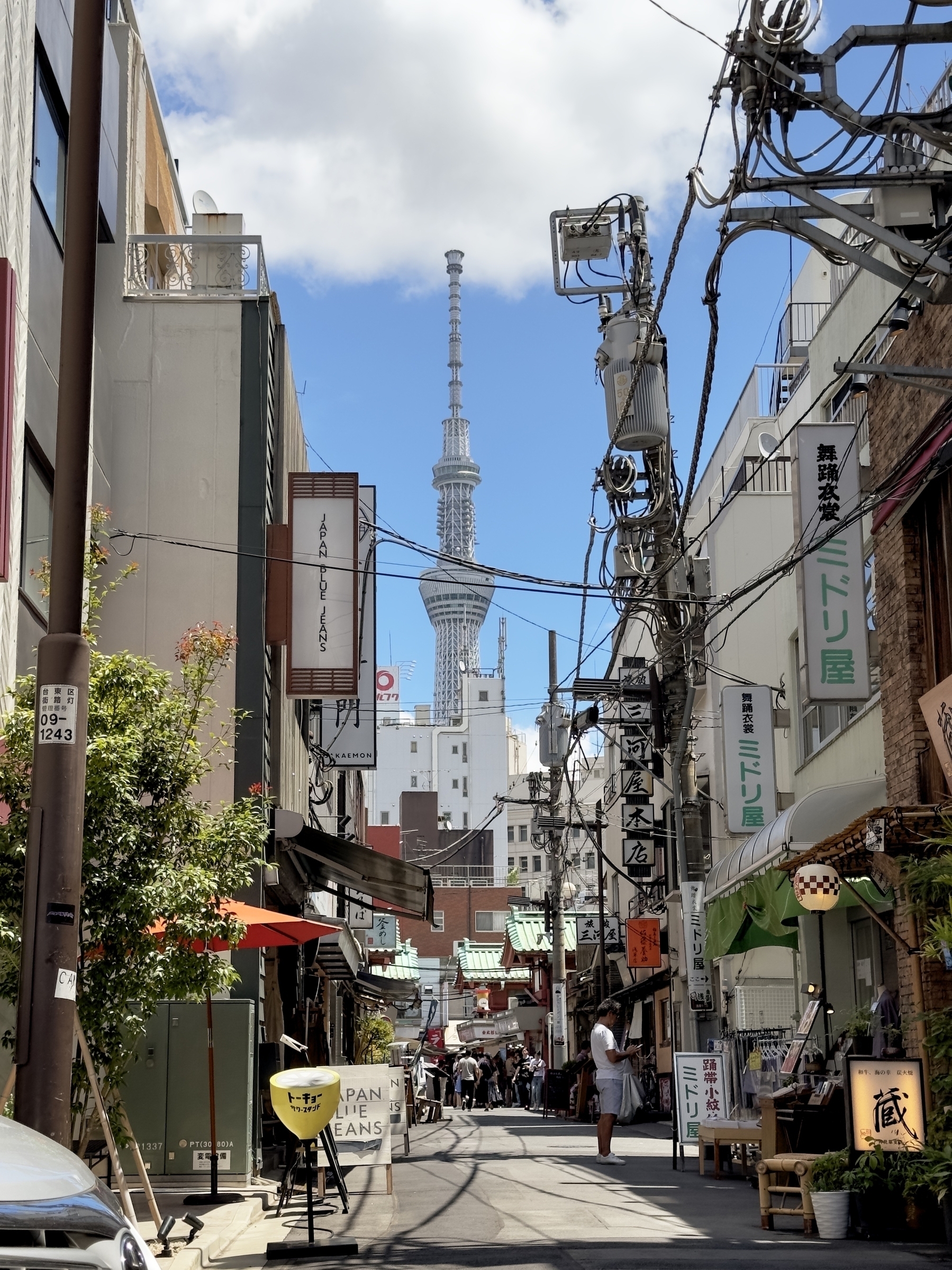 A Tokyo street with an abundance of power csbles agains buildings old and new. The Tokyo skytree in the distance