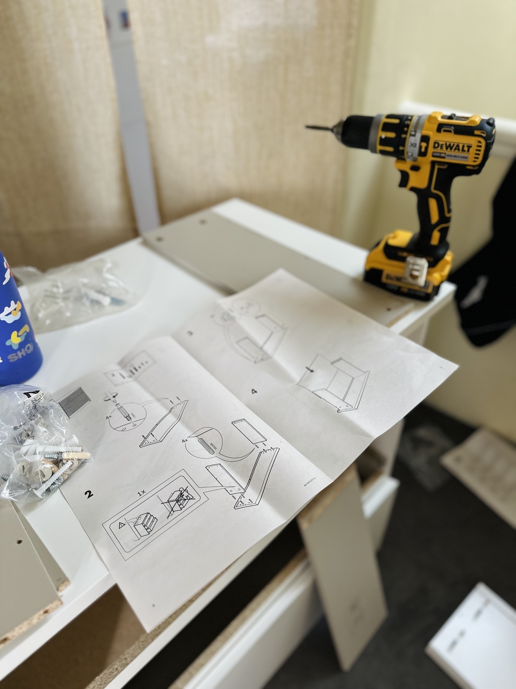 Half built furniture with an Ikea instruction sheet