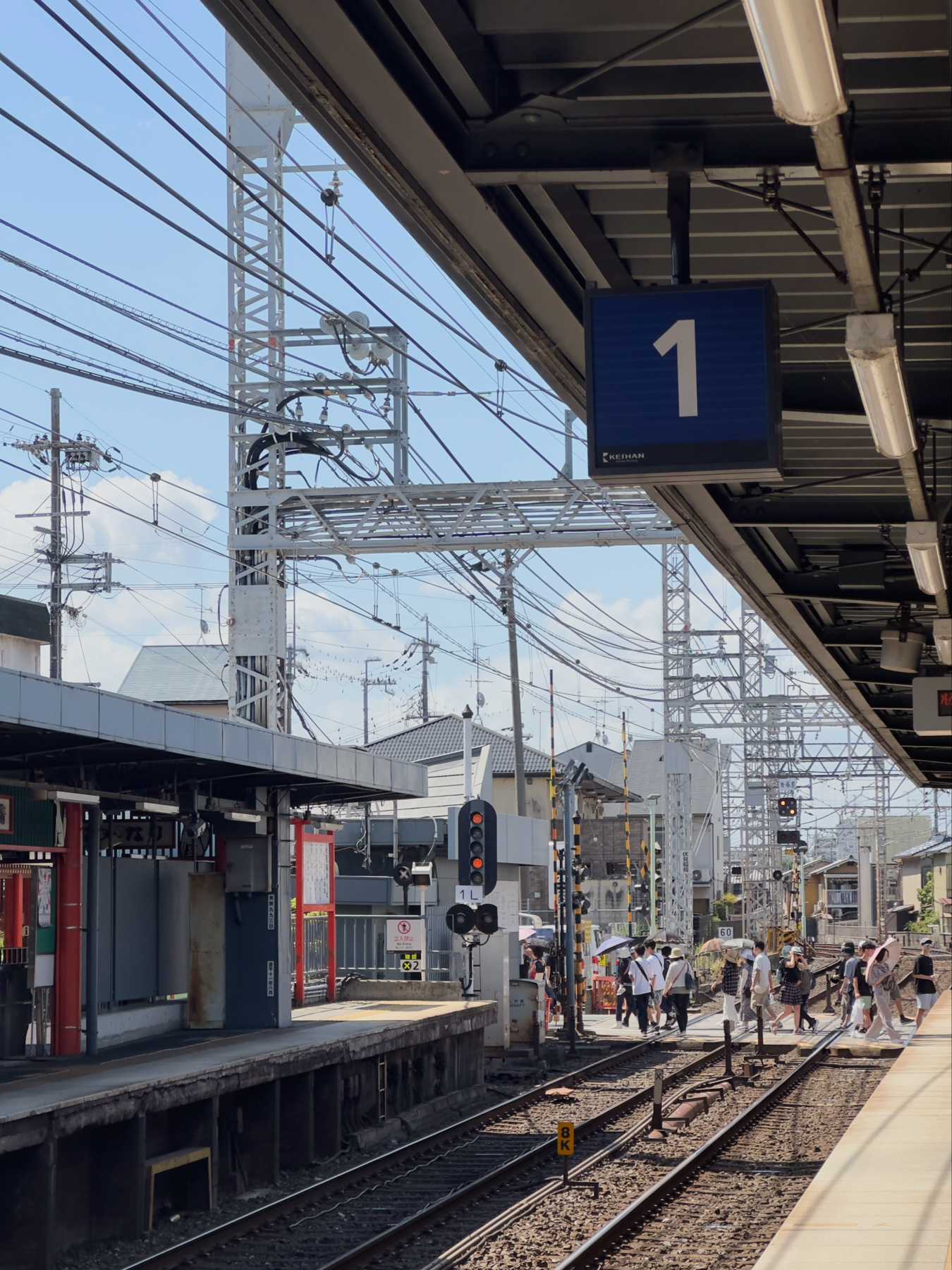 A train station platform with passengers, overhead electrical lines, signal lights, and surrounding urban buildings under a clear sky. A sign with the number &ldquo;1&rdquo; indicates the platform number.