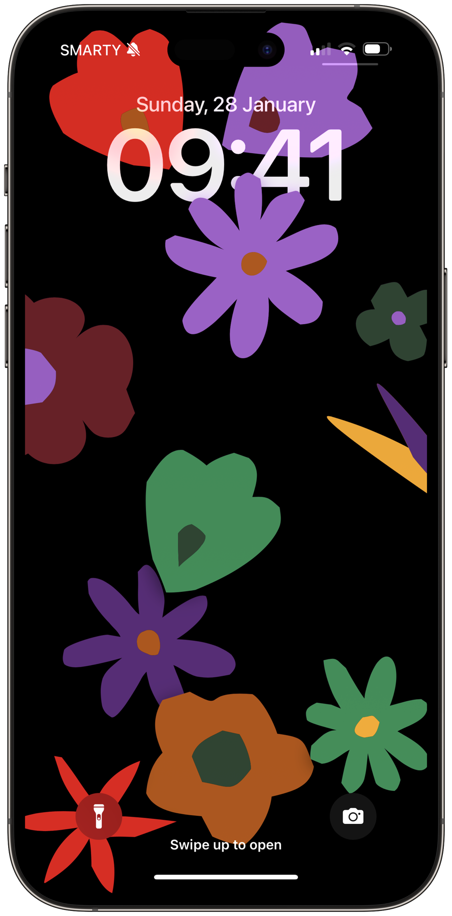 Smartphone lock screen with a floral wallpaper on a dark background 