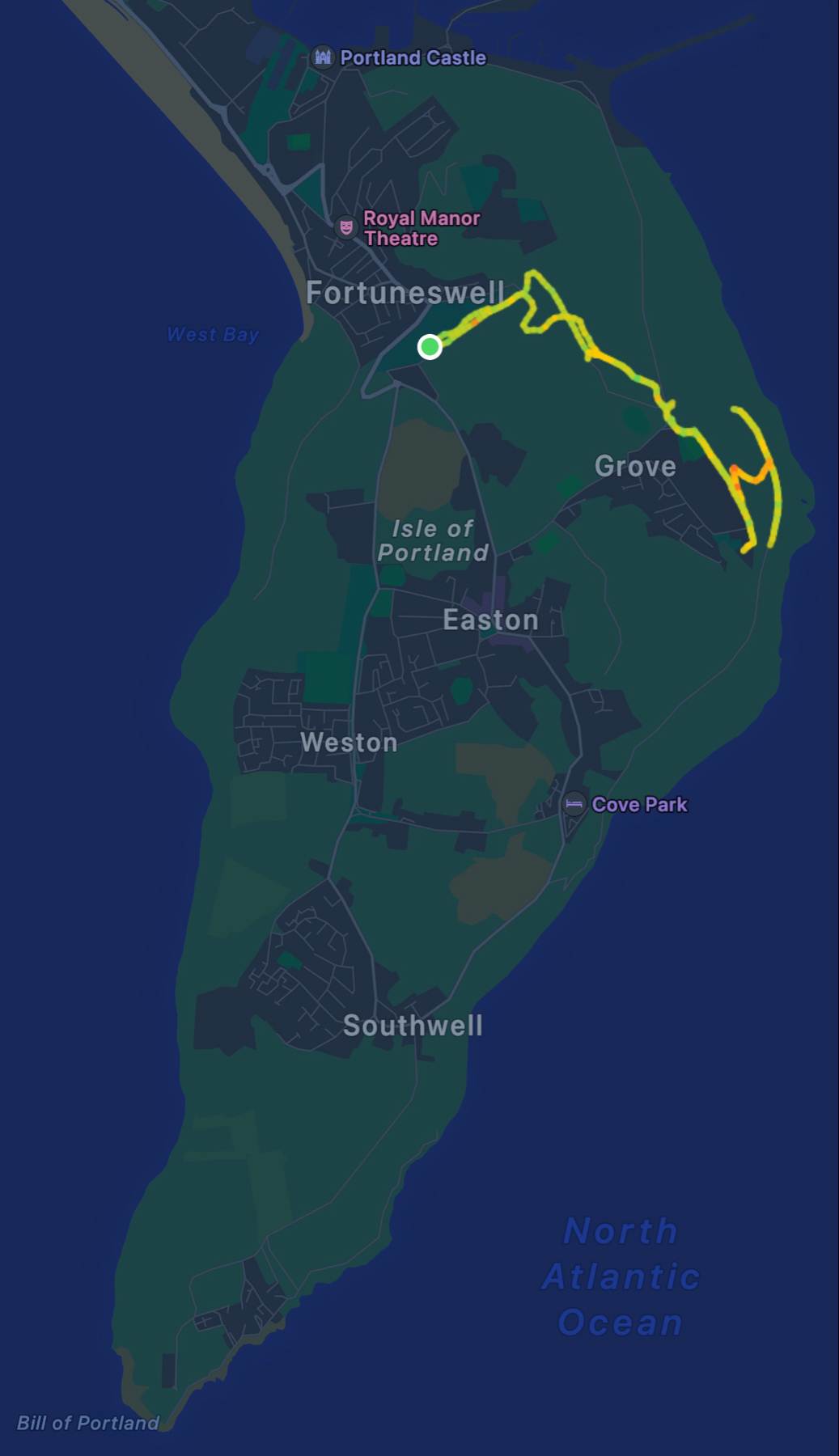 A map of Portland island showing a walking route