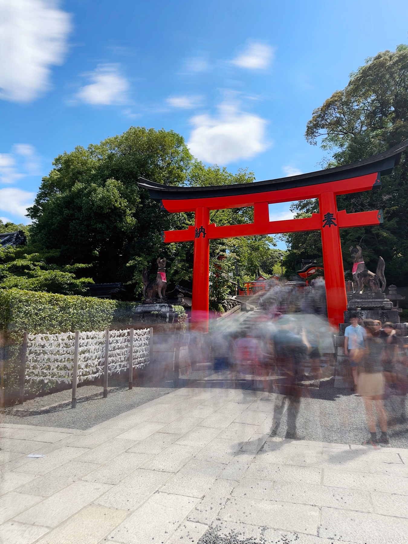 A vibrant red torii gate at the entrance of a Japanese shrine with a blue sky and scattered clouds overhead. Visitors appear as blurred figures, suggesting motion, likely representing the bustling atmosphere at the site. There are lush green trees in the background