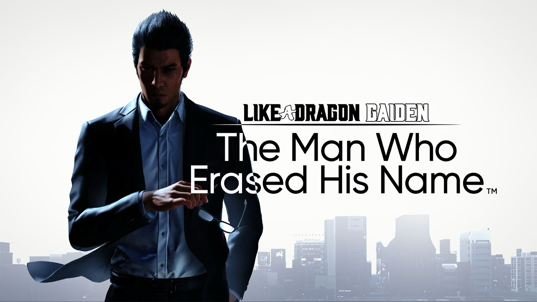 A promotional graphic for video game titled &ldquo;Like a Dragon Gaiden: The Man Who Erased His Name,&rdquo; featuring a stylized male character in a suit and a cityscape silhouette in the background.