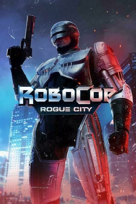 A promotional poster for &ldquo;RoboCop: Rogue City&rdquo; featuring the titular character RoboCop in futuristic armor holding a gun, with a neon-lit cityscape in the background.