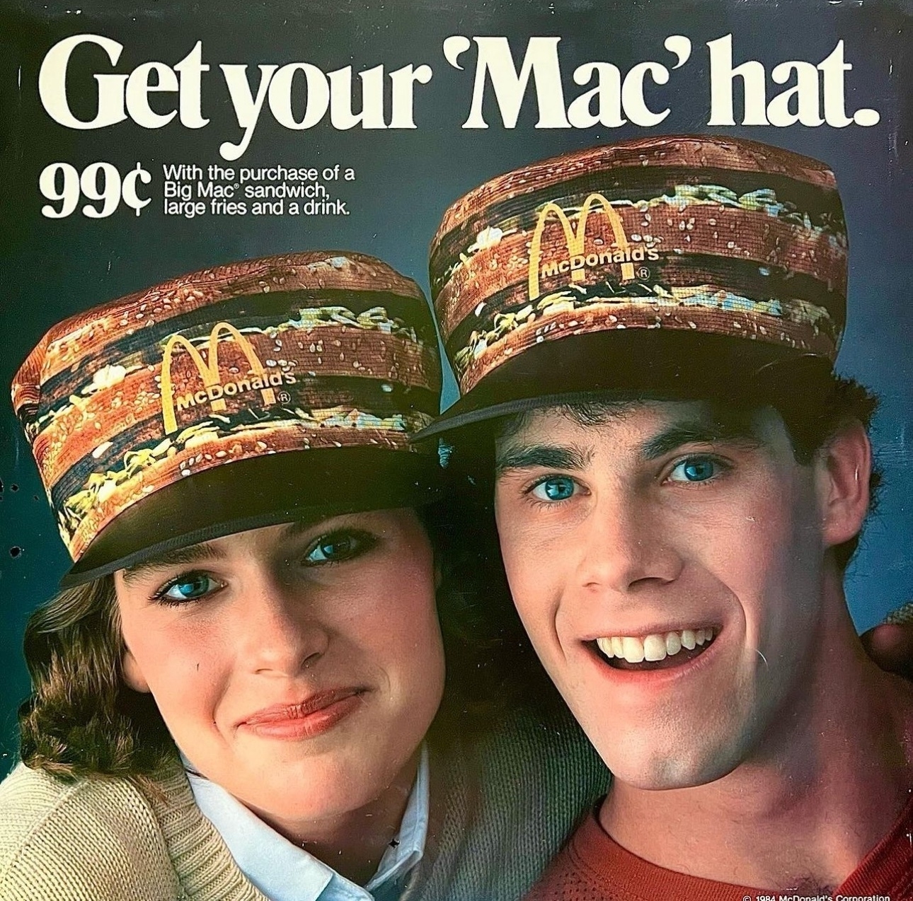 A McDonalds advert for a Big Mac hat 99c with a meal. The hat displays an image of the burgers