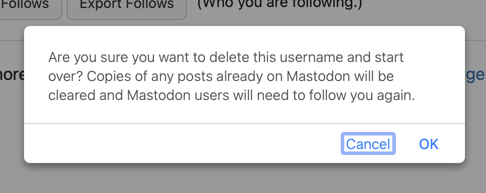 Micro.blog warning about me loosing all Mastodon followers