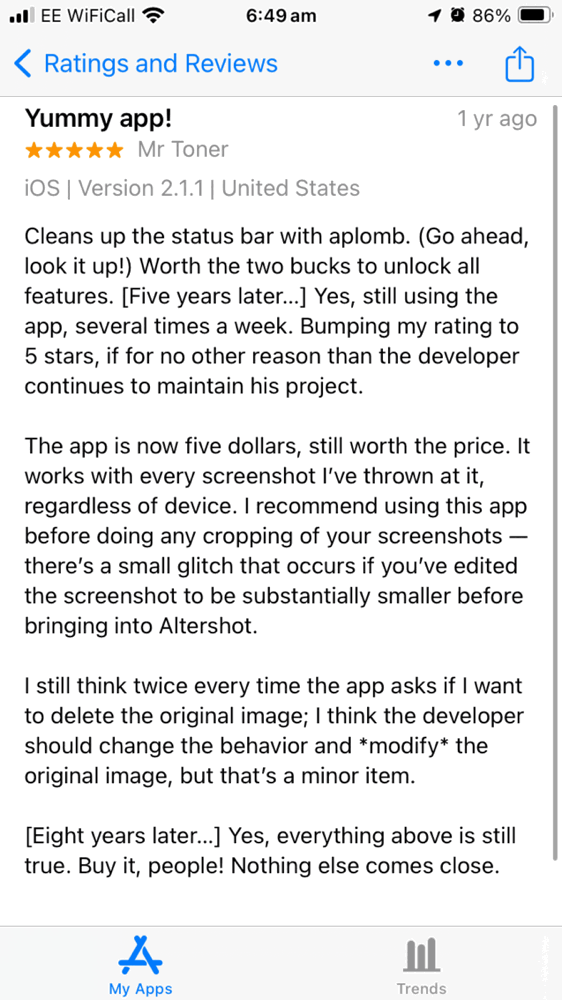 app store review, title - yummy app, 5 stars