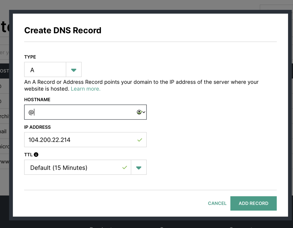 Create DNS Record on Hover, Hostname @, IP Address 104.200.22.214