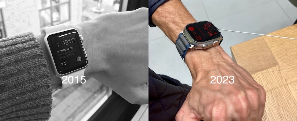 On the left Apple Watch 1st gen, on the right Apple Watch Ultra 2