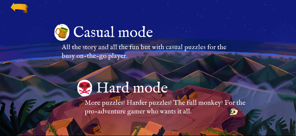 monkey island on apple arcase presenting 2 difficulty modes: casual and hard