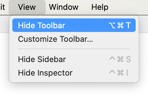 View > Hide Toolbar command selected in a context me