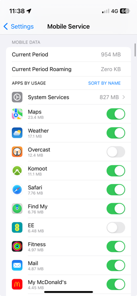 settings mobilde service page with system services using 827 MB and current period set to 954 MB of data