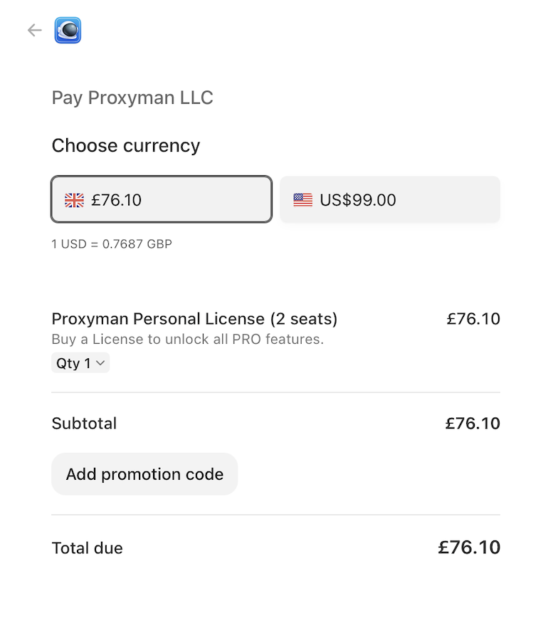 online store page with choices between 2 currencies GBP and USD