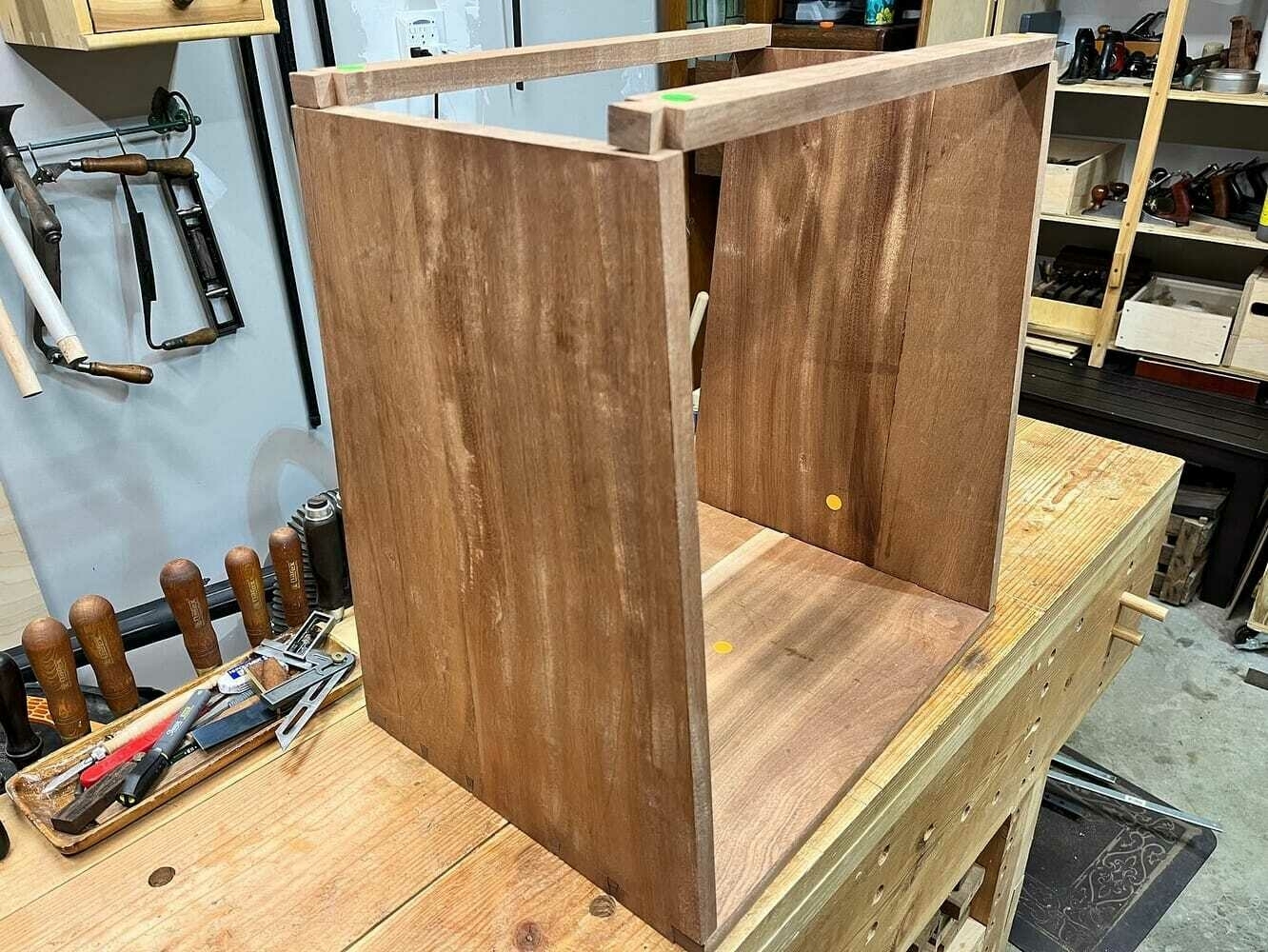 Dry fit cabinet with two arms cut with dovetails for holding the top together.