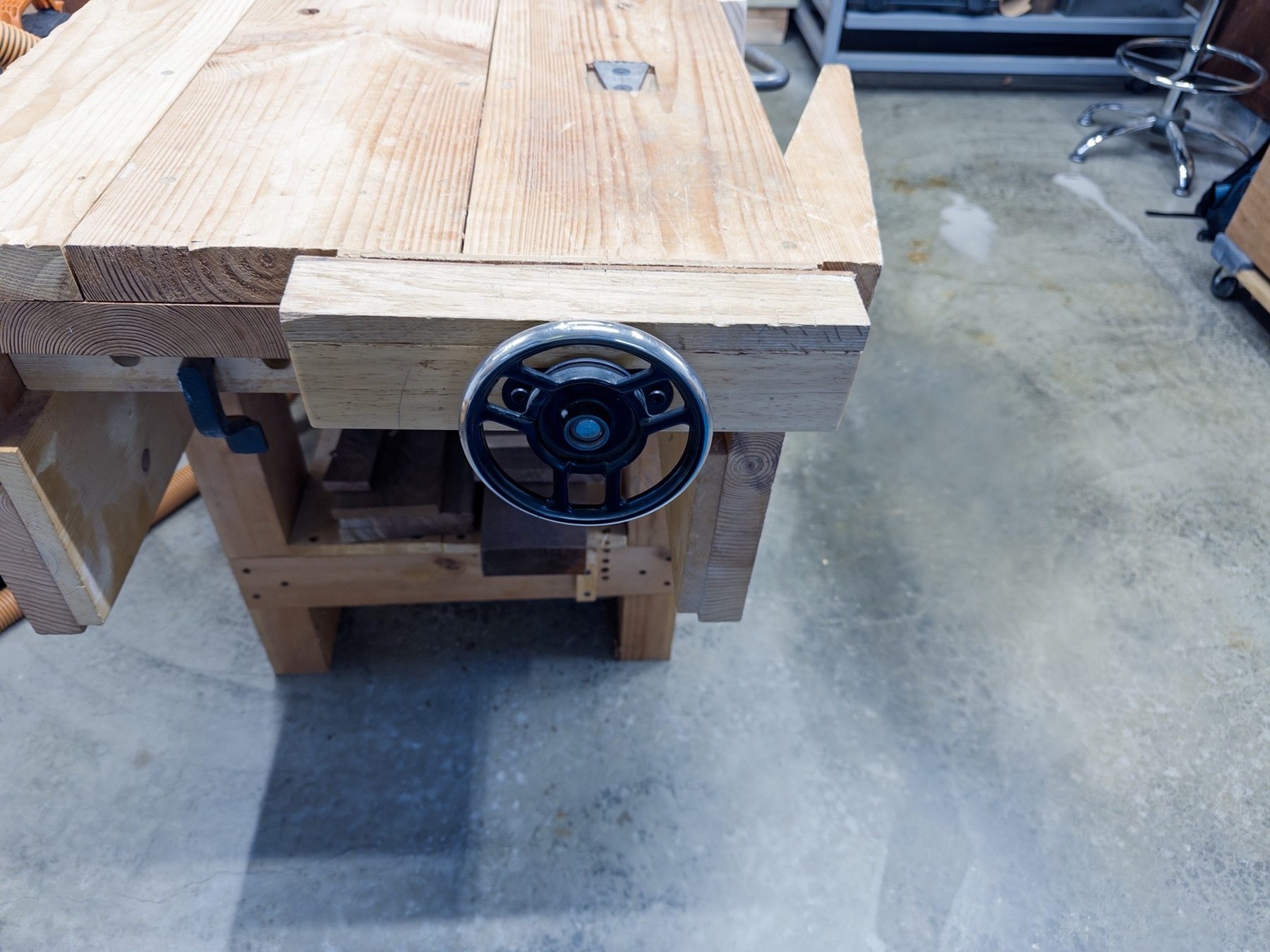 harbor-freight-vise-after.jpeg Harbor freight vise attached to a Nicholson bench with a sewing machine wheel as a handle
