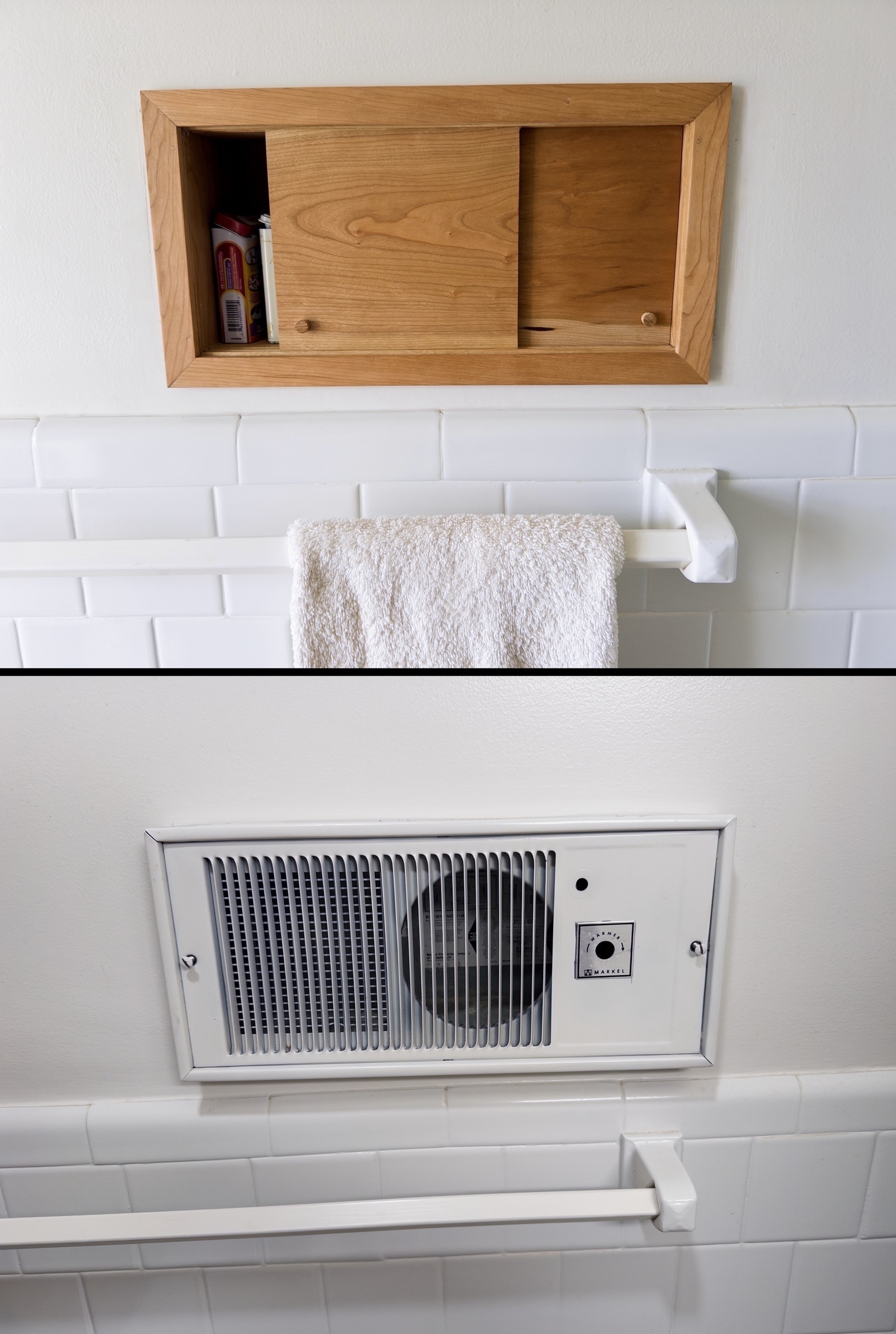 a medicine cabinet cubby made of cherry wood to replace an old wall heater