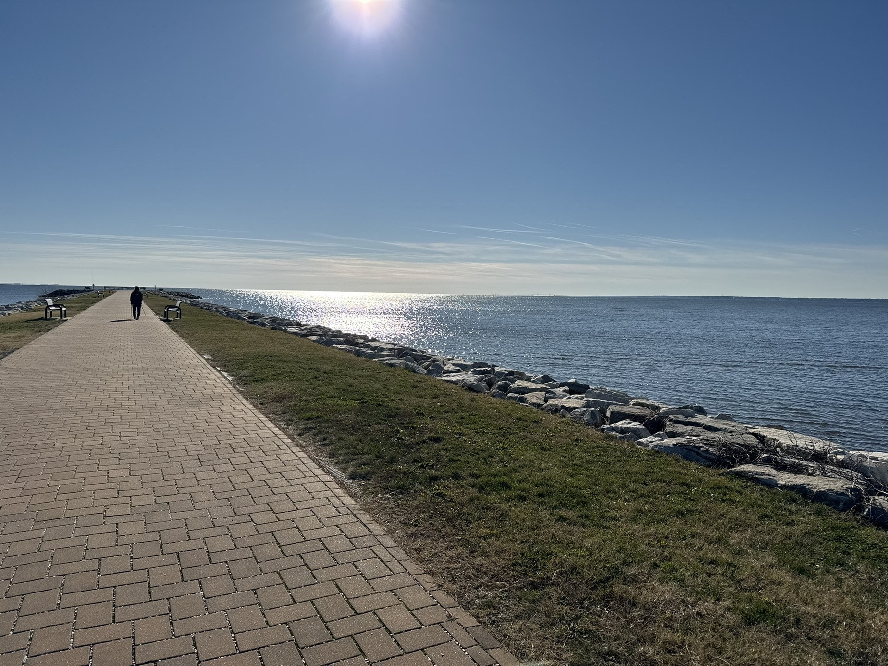 North point state park walkway with Chesapeake Bay Bridge in far distance