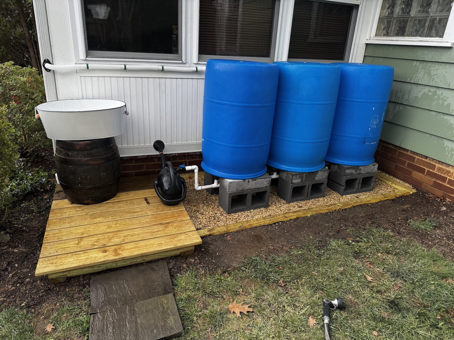A three-barrel rain collection system
