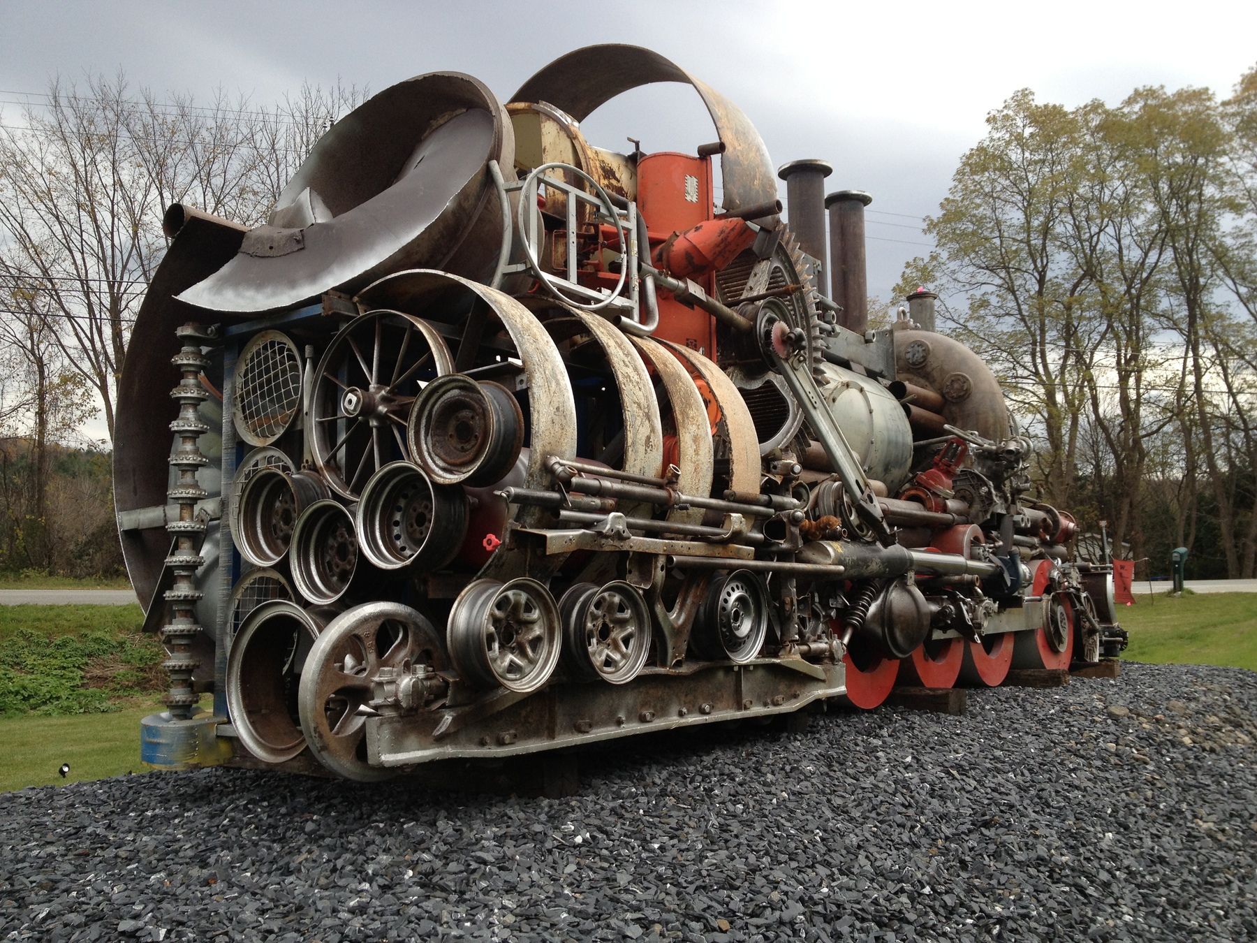 Back of train sculpture made out of random machine parts