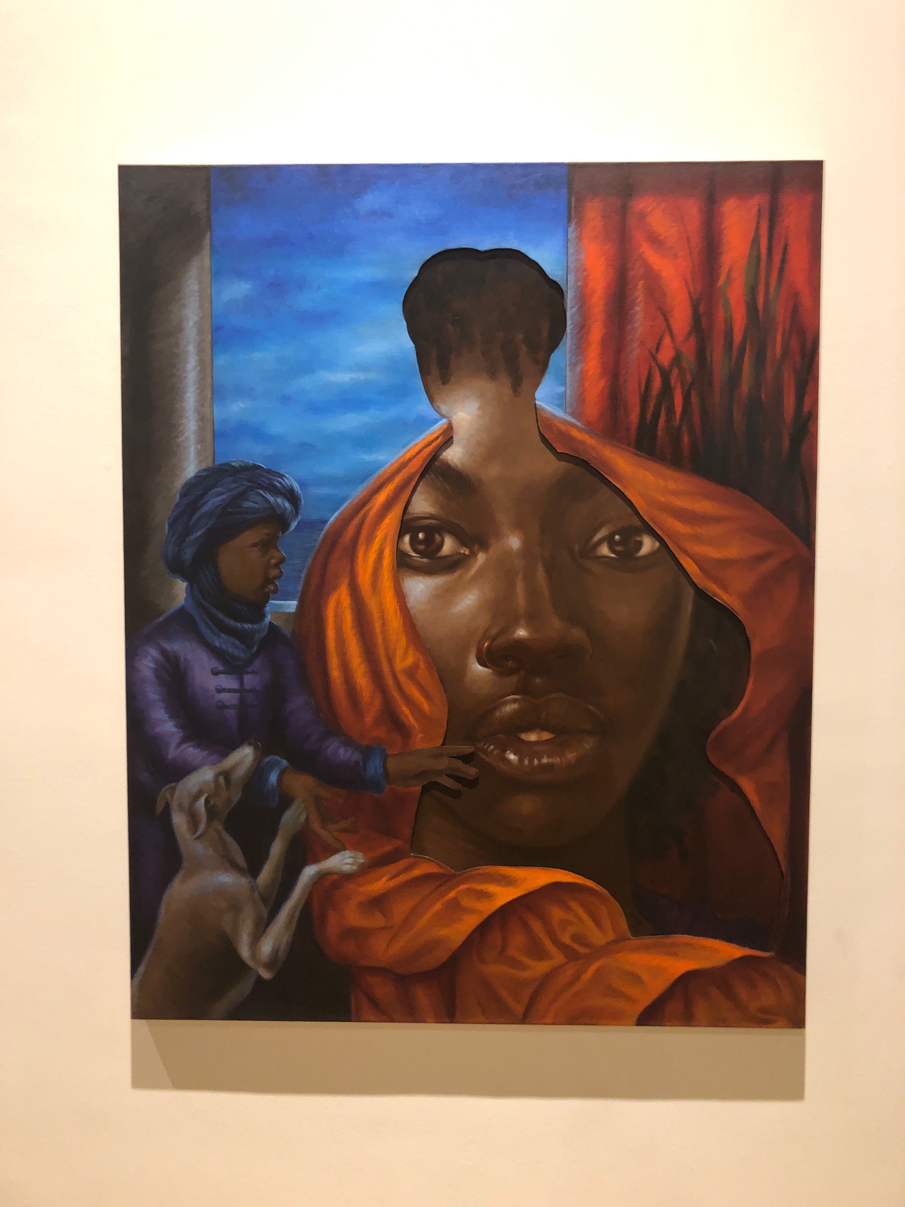 A 18th century painting of a white womam being waited upon by a black child slave. The white woman has been "cut" out of the painting and the void reveals s portrait of a black woman's face.
