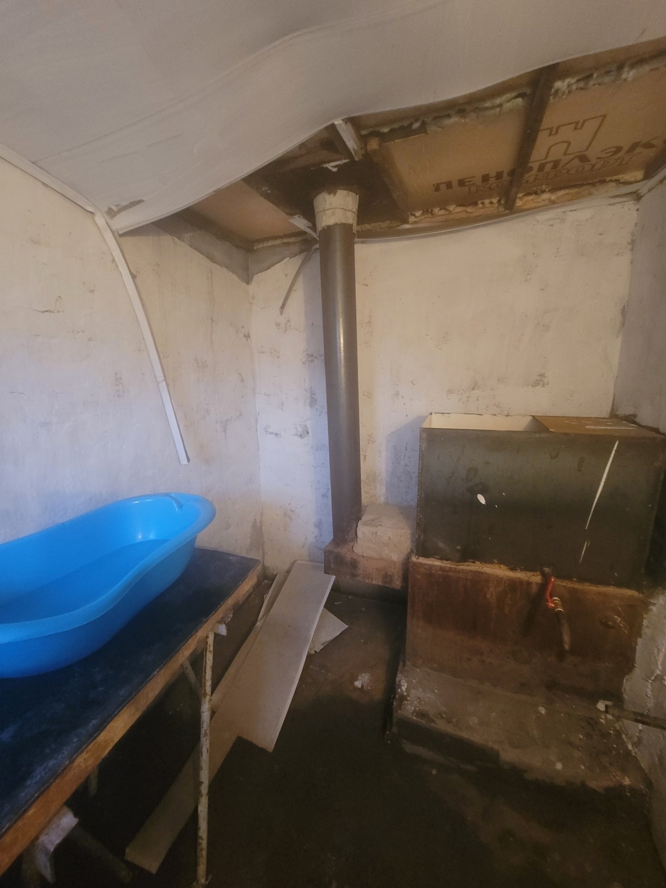 white walled room with stone floor and a partly unfinished ceiling with wood visible. right: stove for holding hot water / left: table with a plastic blue basin for mixing hot and cold water