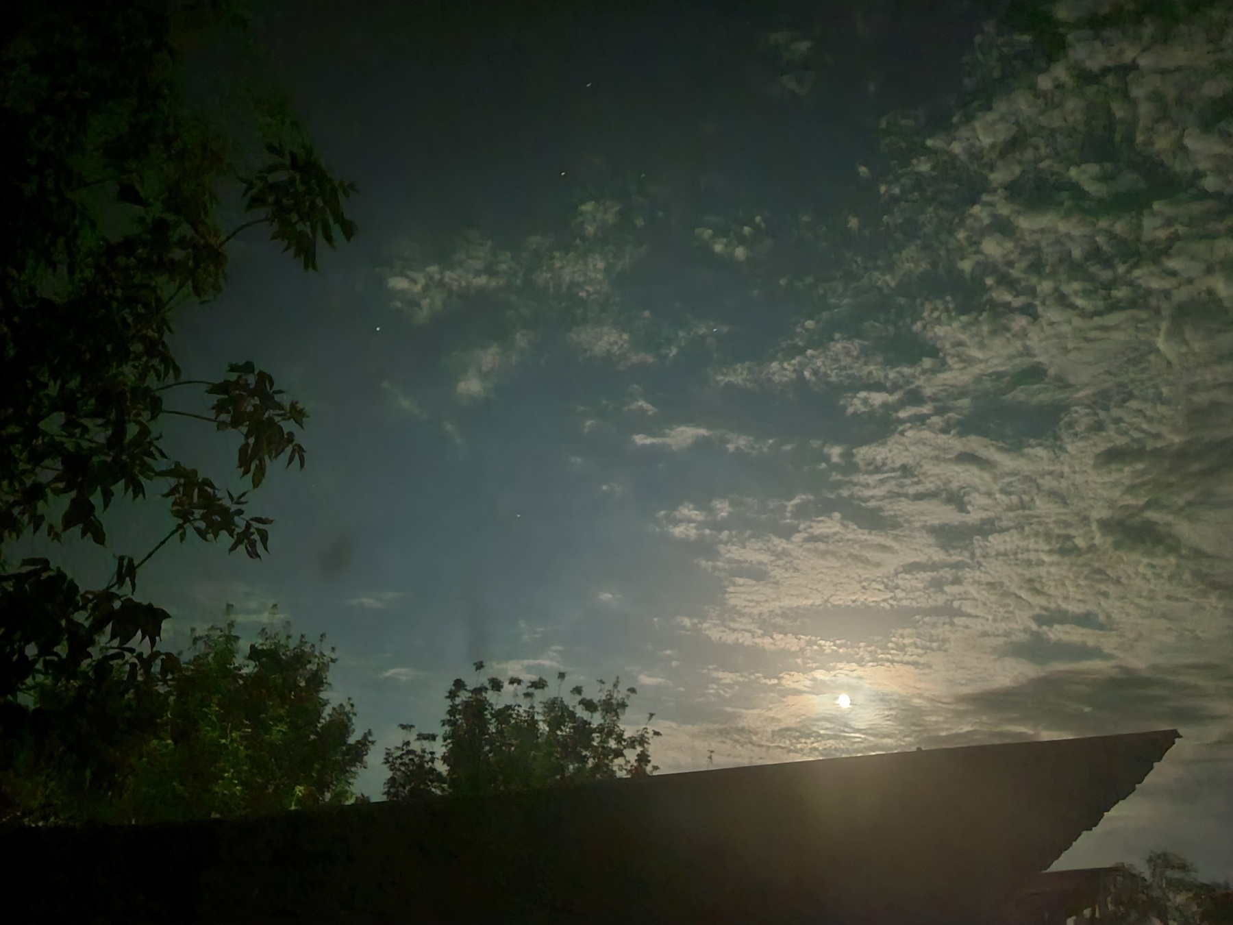at night, roof of a building visible. tree on the left, full moon shining in the sky, and clouds to the right of the moon