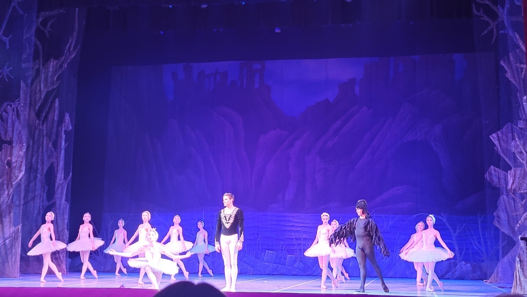 11 female ballerinas in white tutus on stage with 2 male ballet dancers, one a protagonist and one an antagonist (wearing all black)