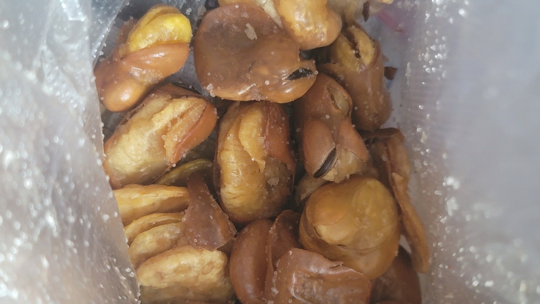 fried, yellow beans in a plastic bag with a thin brown shell