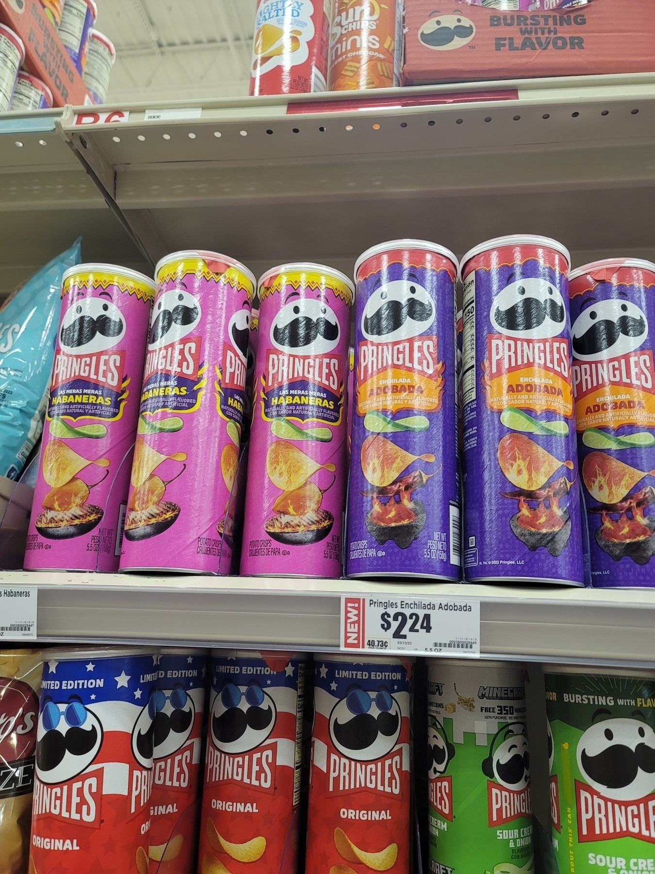 Pringles (American chips) shelf focused on the 'Las Meras Meras Habaneras' and 'Enchilada Adobada' flavors 