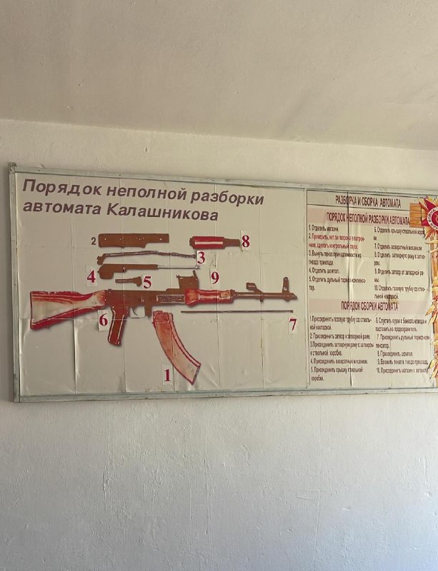 diagram of the parts of a kalashnikov rifle in Russian on a board on a classroom wall