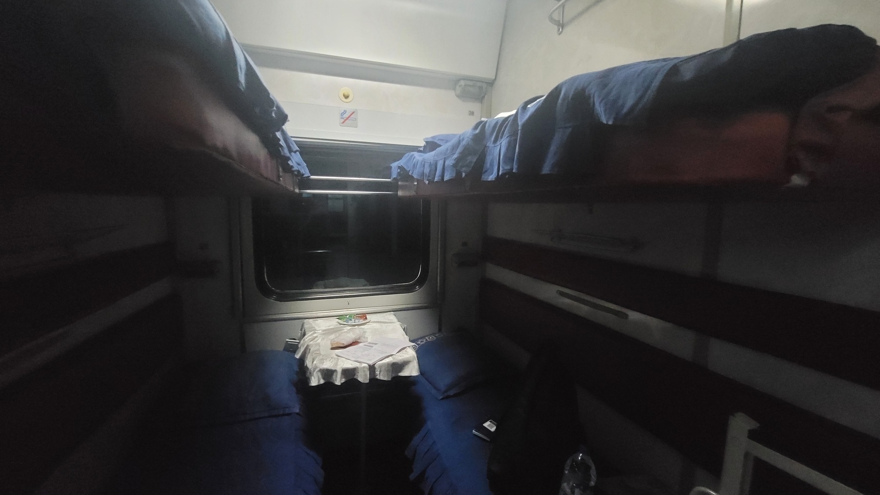 train cabin with four bunks, top and bottom bunks on the left side and right side of the cabin