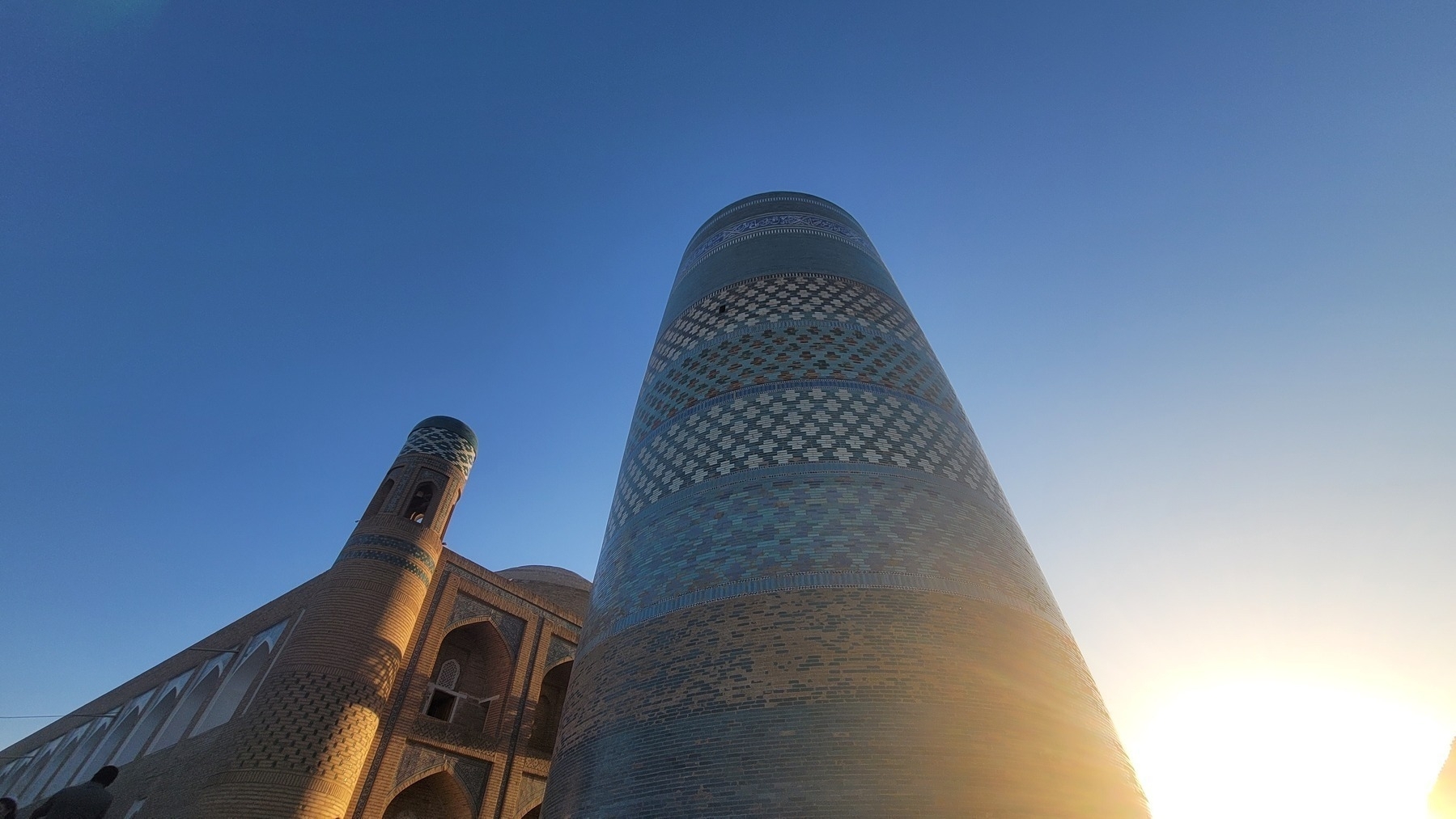 mostly blue brick minaret 