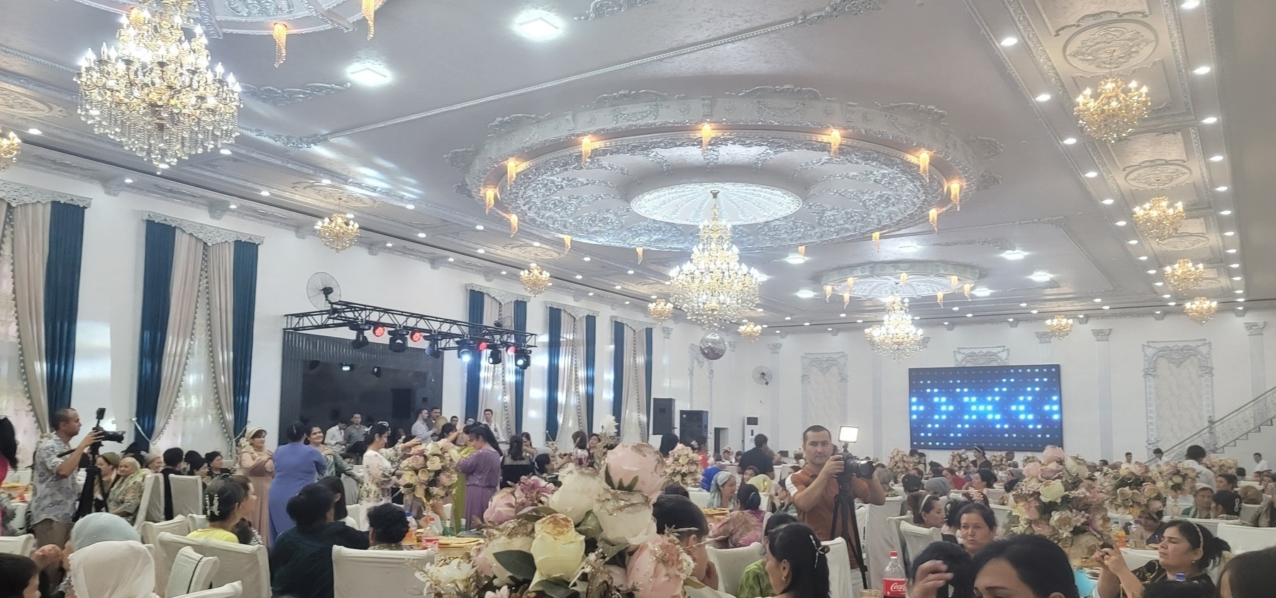 bright banquet hall with a lot of people