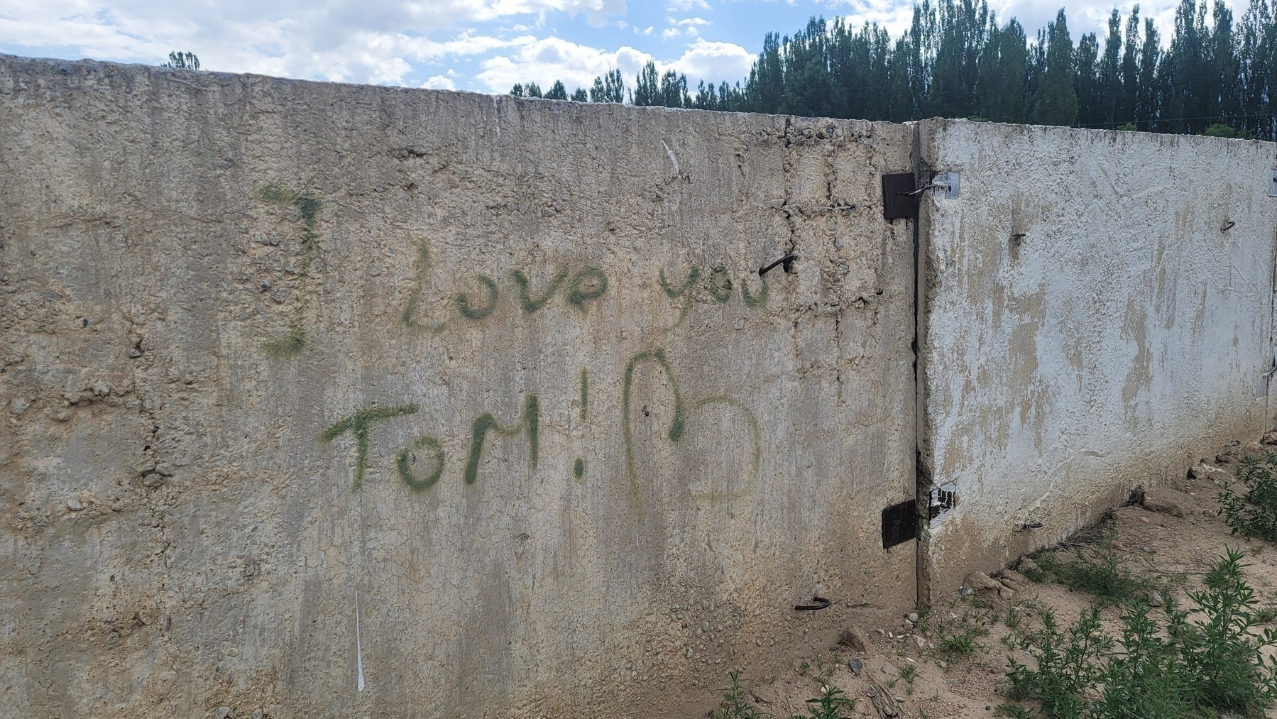 concrete barrier with "I love you Tom! (heart)" graffiti in now faded green paint