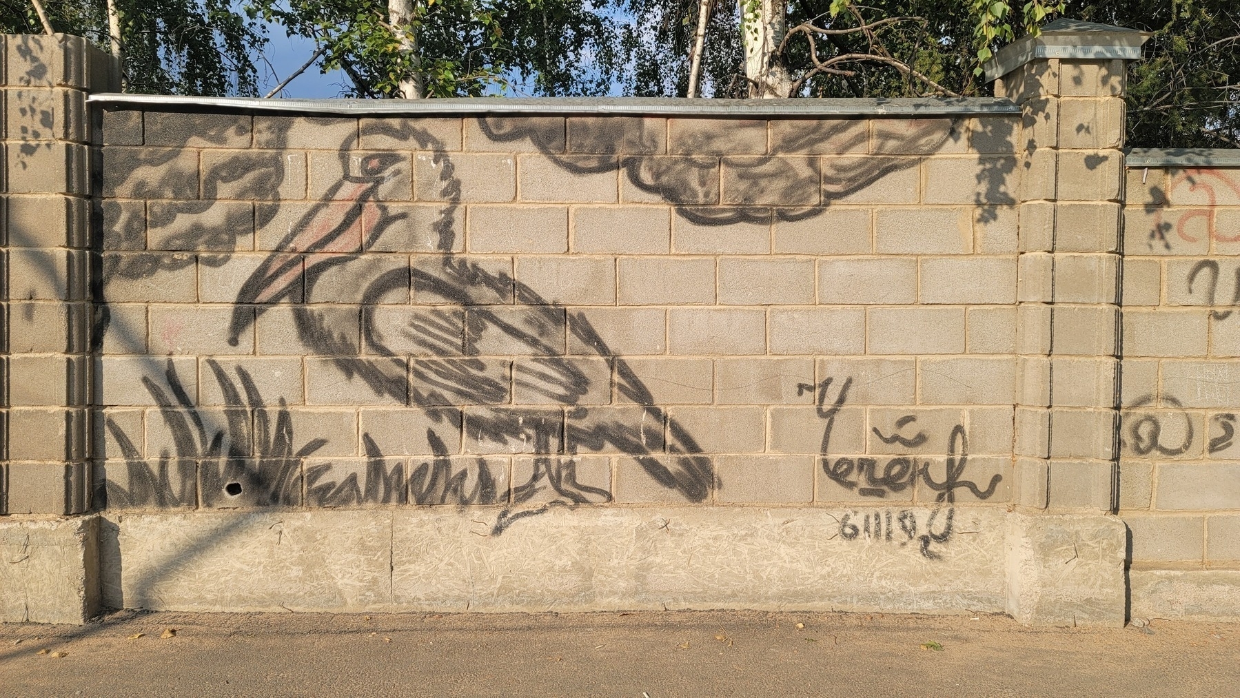 graffiti style pelican in black paint on a fence made of large gray bricks