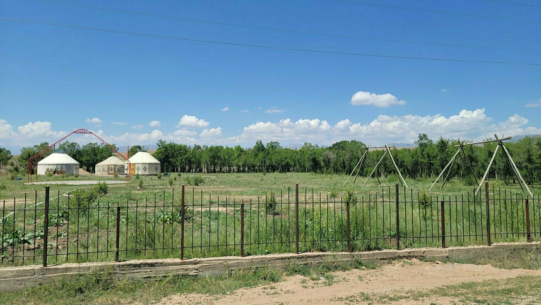 grassy area with 3 yurts and two swings behind a fence