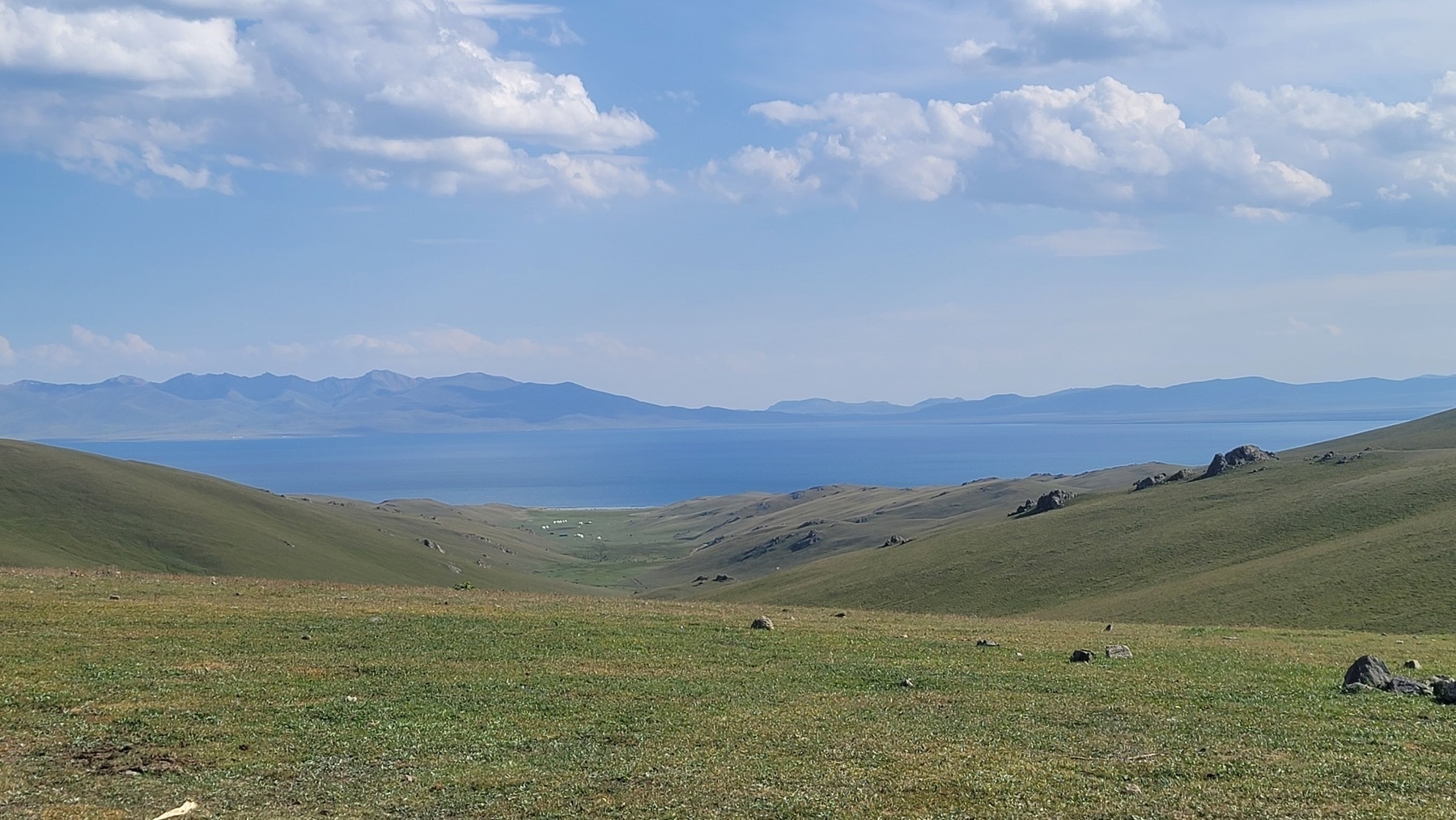 view of Song-Kul lake among green hills